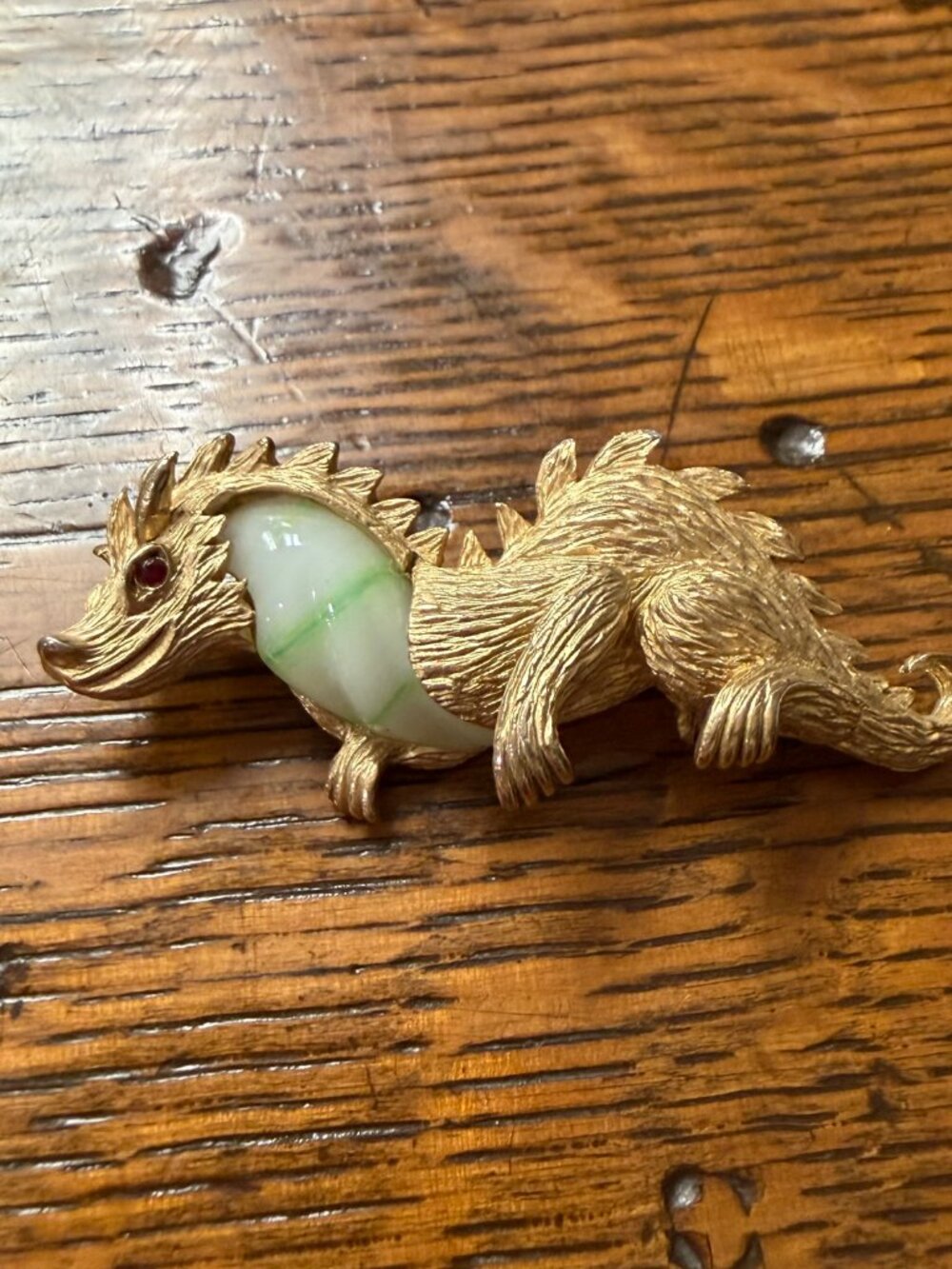 Vintage Marvella Dragon Brooch Green Cabochon Gold Tone